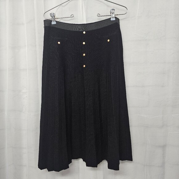 Milano Black Knit Pleated Skirt Midi Coquette Classic Money Office Formal L - Picture 6 of 10